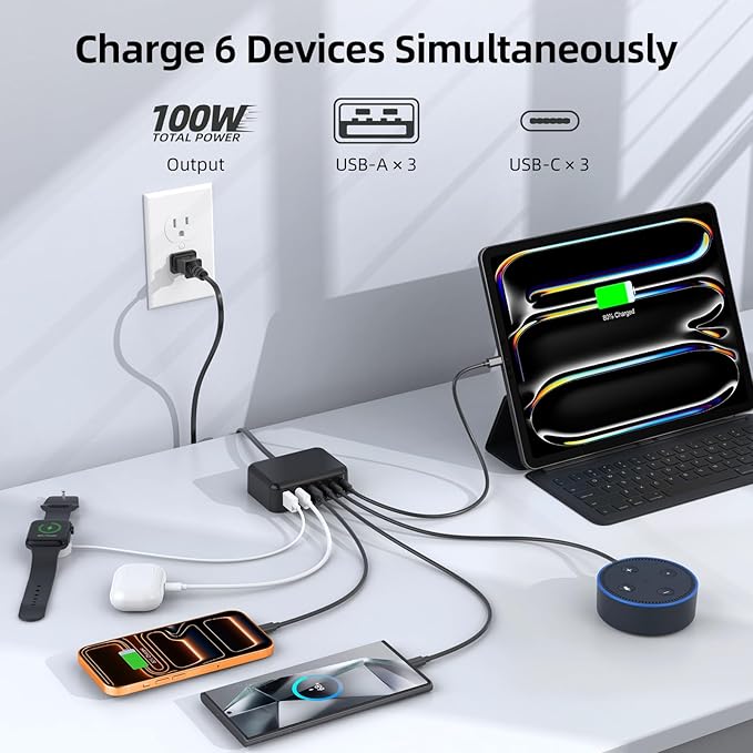 Updated USB C Fast Charger Block, 100W GaN 6 Port PD USB C QC USB A Wall Charger Adapter Plug Cube, Type C Charging Station Hub for iPhone 17 16 15 14 13 Pro Max iPad Samsung Pixel 5ft Extension Cord