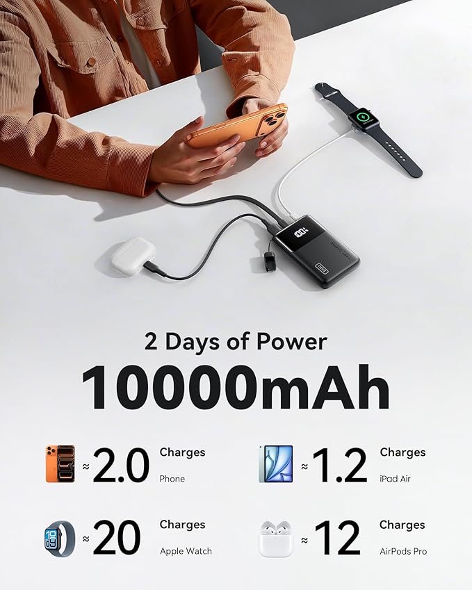 INIU Ultra Compact Portable Charger, 10000mAh 45W Fast Charging Power Bank with Detachable USB-C Cable & Stand, Flight-Safe Travel Battery Pack for iPhone 17 16 15 Pro Max Air, Samsung S26, iPad, etc