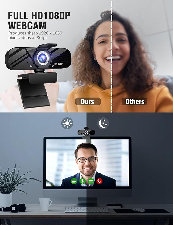 Tewiky Full HD Webcam with Built-in Microphone and Rotatable Tripod, 1080P Video and Wide Angle Camera, Privacy Cover, for Desktop PC or Laptop Computer