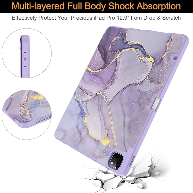 Soke Case for iPad Air 13 Inch (M4/M3/M2,2026-2024), iPad Pro 12.9" 6th/5th Generation with Pencil Holder(2021 2022 Release)-[Apple Pencil Charging + Auto Wake/Sleep] Soft Back Cover, Lilac Marble