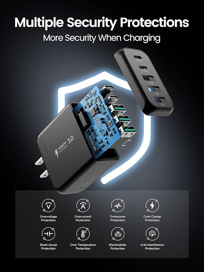 EIZLXQ USB C Charger Block, Type C Charger Fast Charging,Total 50W 5-Port USB Wall Charger Multiport Type C Charging Block Cube for iPhone 17/16/15/14/13/12/11 Pro Max XS, iPad, Samsung & More-Black