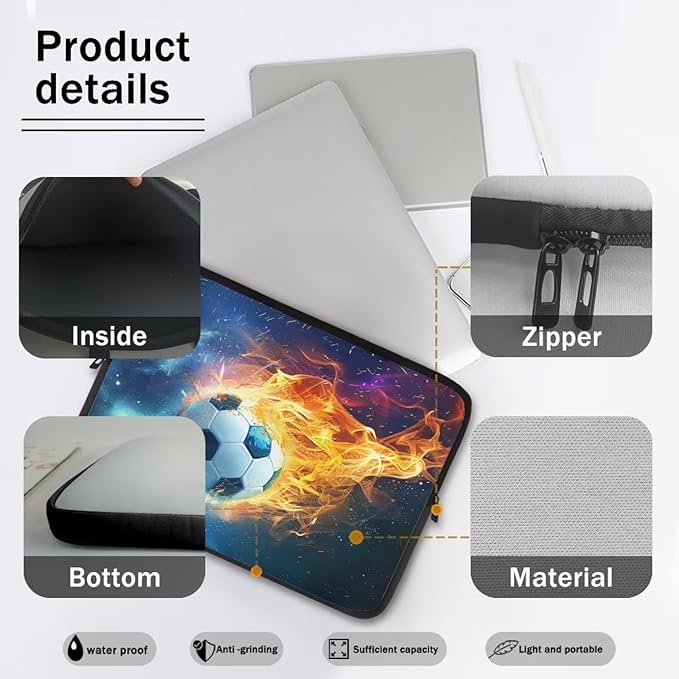 Water Flame Football Computer Sleeve for Men 10 InchLaptop Sleeve Neoprene Laptop Covers with Padded Compartment Lap Top Case Soccer Computer Carrying Bag