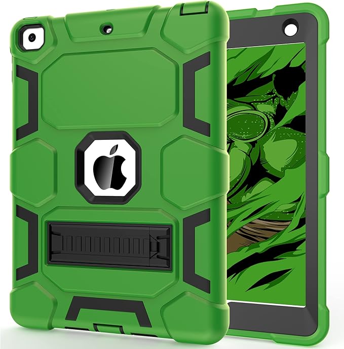 CCMAO iPad 6th Generation Cases, iPad 5th Generation Case, iPad 9.7 Case, iPad Air 2 Case, Hybrid Shockproof Rugged Drop Protection Case Built with Kickstand, Green+Black