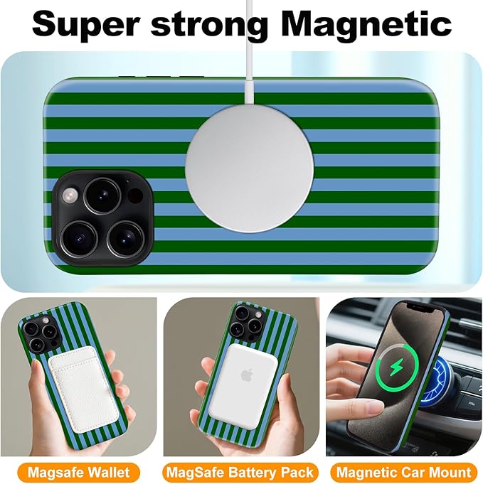 Magnetic for iPhone 14 Pro Case Cute Stripes Phone Case, Shockproof Slim TPU and Hard PC Protective Phone Cover Compatible with MagSafe Designed for Women Girls, Green and Blue