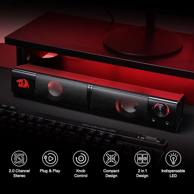 Redragon GS550 PC Gaming Speakers, 2.0 Channel Desktop Computer Sound Bar with Compact Maneuverable Size, Headphone Jack, Quality Bass & Decent Red Backlit, USB Powered w/ 3.5mm Cable