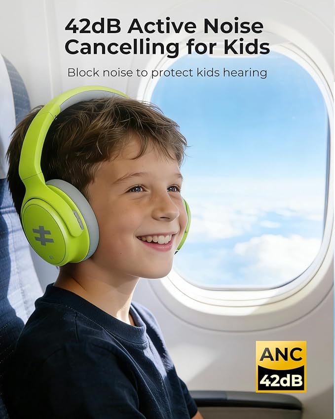 seenda Active Noise Cancelling Headphones for Kids, HEO-303 Bluetooth 5.4 60H Playtime Type C Fast Charging, 74/85/94 dB Safe Volume Limit Headset with Mic for Ipad, Airplane, Travel, Green