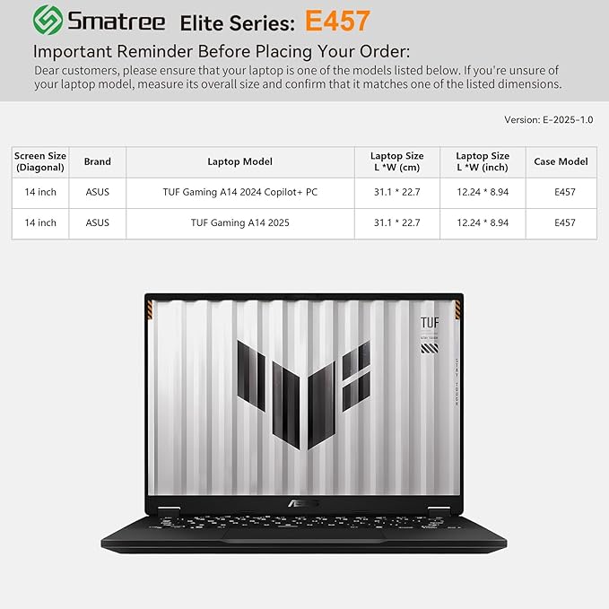 Smatree Laptop Sleeve for 14 inch ASUS TUF Gaming A14 2025, for 14 inch ASUS TUF Gaming A14 2024 Copilot+PC, Laptop Case with Accessory Pocket, YKK Zipper, Patented Shockproof Design, Green (E457G)