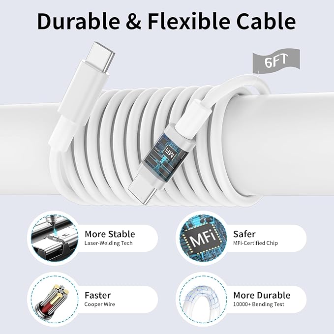 USB C Fast Charger for iPhone 16 15, [MFi Certified] 3 Pack 20W PD USB C Wall Charger Plug Block with 6FT USB Type C Fast Charging Cable for iPhone 16/15/15 Pro/15 Pro Max/15 Plus/iPad Pro Air Mini