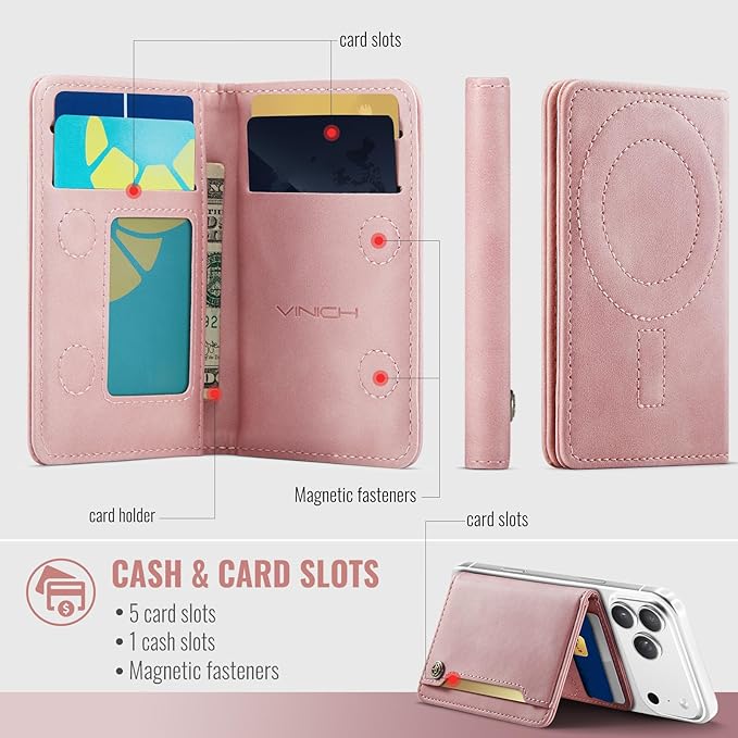 Vinich for MagSafe Wallet Magnetic RFID Blocking Card Holder Compatible with MagSafe Phones and Cases, Strong Magnet Minimalist Phone Wallet for iPhone 17/16/15/14/13/12/ Pro/Max/Plus, Rose Pink