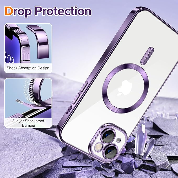 Hython Magnetic Clear for iPhone 14 Plus Case with Camera Lens Protector [Compatible with MagSafe] Luxury Plating Edge Slim Soft TPU Cover Protective Phone Case for iPhone 14 Plus 6.7", Deep Purple