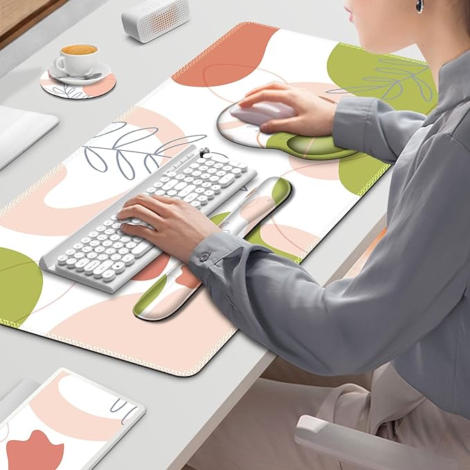 Gaming Mouse Pad, Large Desk Mat, Cute Desk Pad Protector, 4 in1 XXL Mousepad + Keyboard Wrist Rest+Mouse Wrist Rest+Coaster Set with Ergonomic Desk Pad for Home Office Table Computer Pink Rose