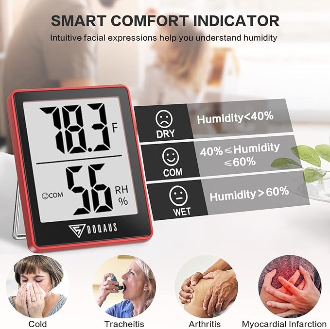 DOQAUS Digital Hygrometer Indoor Thermometer Humidity Gauge Room Thermometer with 5s Fast Refresh Accurate Temperature Humidity Monitor for Home, Bedroom, Baby Room, Office, Greenhouse, Cellar, Red