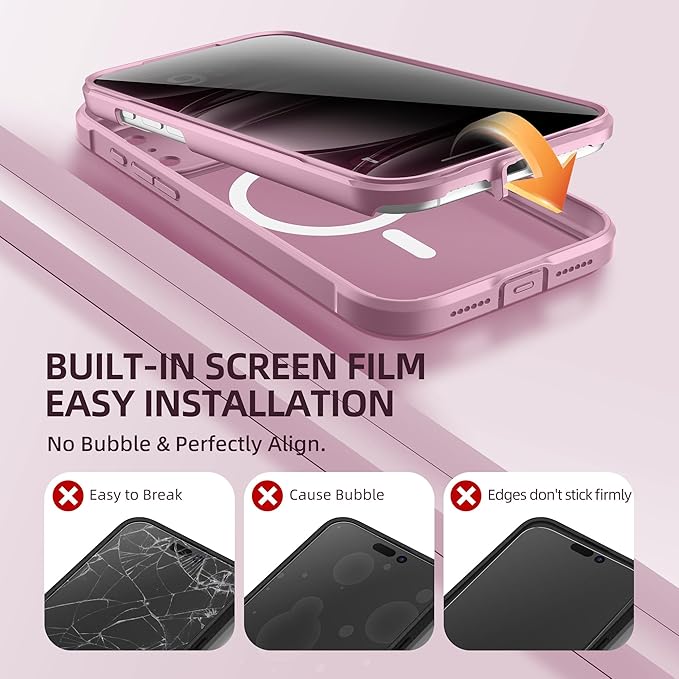 BERFY for iPhone 17 Pro Case, Compatible with MagSafe, Built-in Privacy Screen Protector, Camera Protection, Shockproof Full Body Phone Case 6.3", Translucent Palevioletred