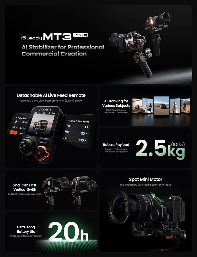Hohem iSteady MT3 Pro 3-Axis Gimbal Stabilizer for Camera, AI Tracker with CCT/RGB Light, for Mirrorless/Pocket/Action Camera/Smartphone, Detachable Touchscreen Control, for Canon/Nikon/Sony/Fujifilm