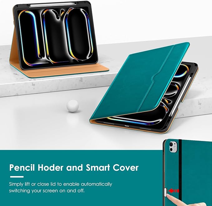 VIKESI Case for iPad Pro 13 (M4) 2024, Leather Stand Cover with Apple Pencil Holder, Auto Wake/Sleep, Multiple Viewing Angles, Built in Hand Strap & Pocket, Green