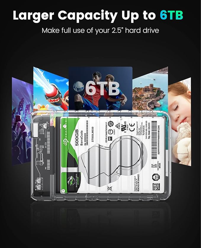 ORICO 2.5 inch Hard Drive Enclosure USB C to SATA III 5Gbps Clear External Hard Drive Case for All 7mm 9.5mm 2.5 inch SATA SSD HDD Up to 6TB, Tool-Free, Support USB 3.0 UASP (2139C3)