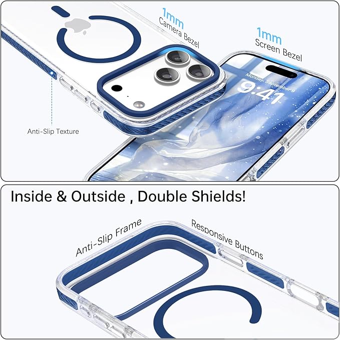 BENTOBEN Magnetic for iPhone 17 Pro Max Case 6.9", Compatible with Magsafe Military Shockproof Protective Bumper Cute Transparent Slim Anti-Yellowing Case for iPhone 17 Pro Max Cover, Clear Deep Blue