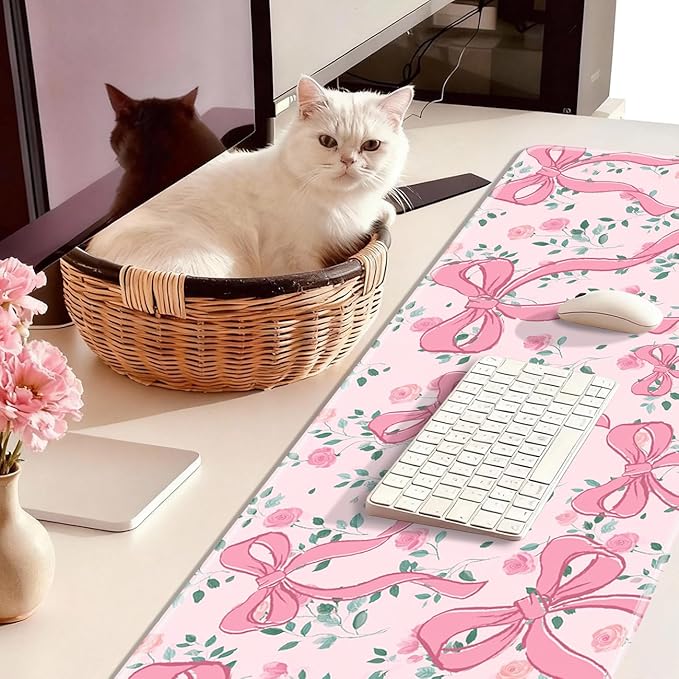 Pink Bow Gaming Mouse Pad Large Desk Mat Extended Keyboard Mouse Pad Anime Mousepad with Non-Slip Base and Stitched Edge Mouse Mat Desk Pad 31.5 x 11.8 Mouse Pads for Desk Home Office Gaming