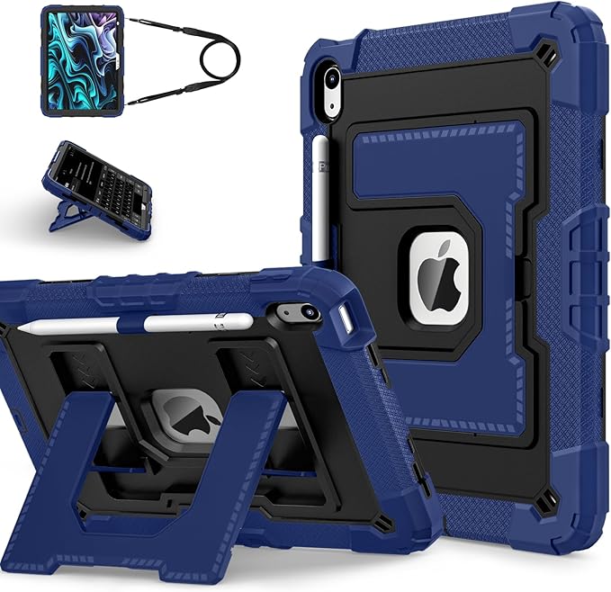 Kids Friendly Case for iPad A16 11th Generation 11 Inch 2025 / iPad 10th Generation 10.9" 2022 Case with Pencil Holder & Shoulder Strap, Hybrid iPad 11 10 Cover Rugged Shockproof Kickstand,Blue+Black