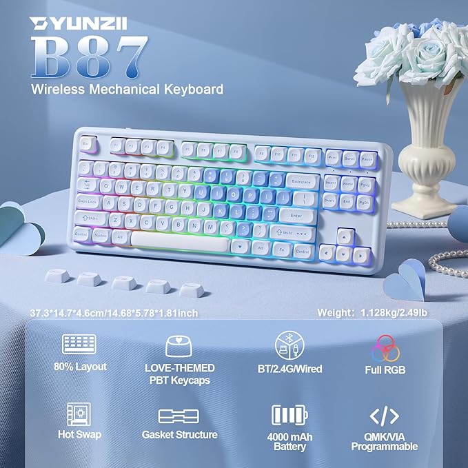 YUNZII B87 Wireless Mechanical Keyboard,QMK/VIA Programmable,TKL Layout 87 Keys,BT/2.4G/USB-C,Hot Swap Gasket Mount RGB Backlit Gaming with Wrist Rest for Win/Mac (Blue Heart, Cocoa Cream V2)
