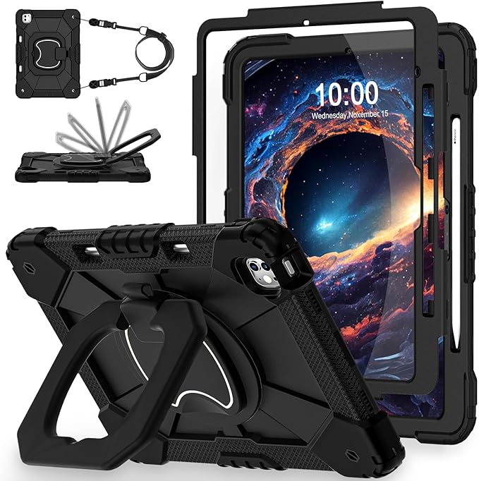 WESOROL Case for iPad Pro 13 Inch M5 2025 / M4 2024 (7th Gen) with Screen Protector/360° Rotating Stand/Pencil Holder/Shoulder Strap,Military Grade Shockproof iPad Case 13 Inch iPad Pro M5/M4,Black