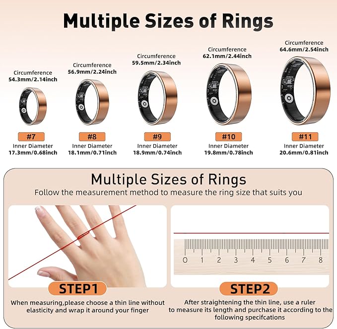 Smart Ring with Sleep Monitoring, Step Counting, Heart Rate, Blood Oxygen for iPhone and Android, No Subscription Fee, IP68 Waterproof Health Tracker (Rose Gold, 7)