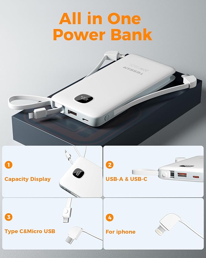 Portable Charger with Built in Cables,TESSAN 10000mAh Power Bank Fast Charging with Foldable Wall Plug Charger, PD20W Compact Battery Pack Travel Essentials for iPhone 17/16/15 Series,Samsung,Tablets