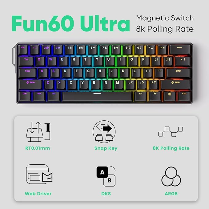 MONSGEEK FUN60 Ultra Rapid Trigger Gaming Keyboard 8k Magnetic Switch TMR Aluminum Keyboard Multi-Modes Black Shine-Through MagMech(Glare Magnetic Switch)