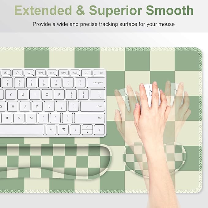 Large Gaming Mouse Pad Set, 4 in1 Ergonomics Keyboard Desk Mat with Memory Foam Wrist Rest, Extended Game Mousepad, Non-Slip Desk Pad Matt Easy Typing Pain Relief I Green Checkered