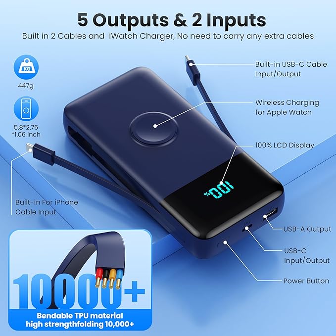 Portable Charger PowerBank 40800mAh with Built-in Cables,25W PD Fast Charging +QC 4.0 Quick Phone Charging Power Bank, Travel Essential Charger Battery Pack for iPhone 17/16/15 Android Galaxy etc