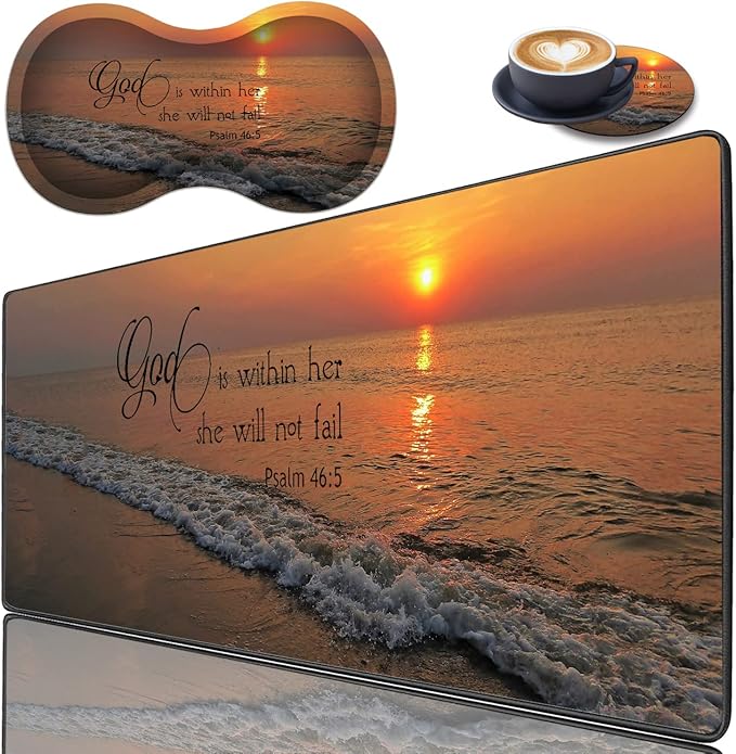 3 Piece Mouse Pad Set with Stitched Edge Large Anti-Slip Mouse Pad Desk Pad Keyboard Pad + Wrist Rest Pad + Coaster, Memory Foam Wrist Rest for Office/Home, Dusk Beach Quotes Psalm46:5