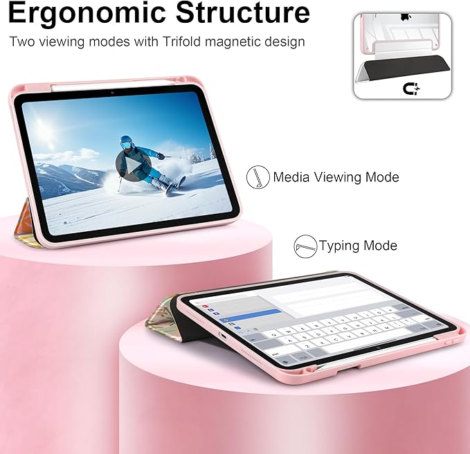 Case for iPad Air 11 inch M4 2026 M3 2025 M2 2024,iPad Air 5th (2022) / 4th (2020) 10.9 Inch Clear Back Shell Lightweight TPU Edge Trifold Stand Auto Wake Sleep Cute Cover, Flower Patchwork