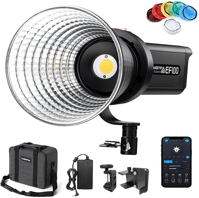 AMBITFUL EF100 100W 5600K Aurora COB LED Video Light,CRI 95+, TLCI 97+,Built-in FX Effects for Still Life Photography, Portrait, Studio Lighting,Interview Lighting,Support APP Control
