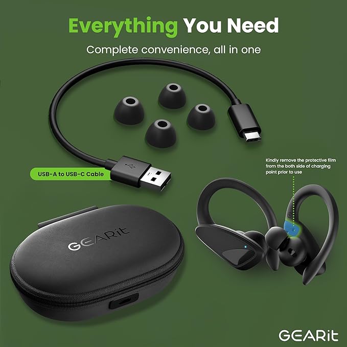 GEARit Sport Hook True Wireless Earbuds Compatible with iPhone & Android - 23H Playtime - IPX7 Water Resistant & Sweatproof - Secure Fit 5.4 Bluetooth Ear Buds - Wireless Bluetooth Earbuds for Workout