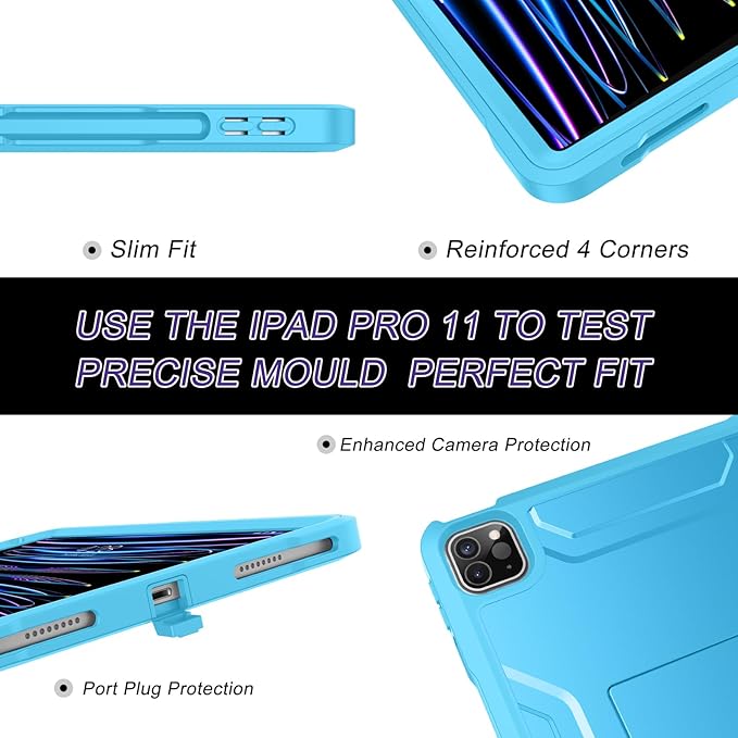 Soke Case for iPad Pro 11 Inch 2022/2021/2020/2018/iPad Air 5th/4th Generation,Built-in Screen Protector - Support 2nd Apple Pencil Charging - Heavy Duty Rugged Protective Kickstand Case - Blue