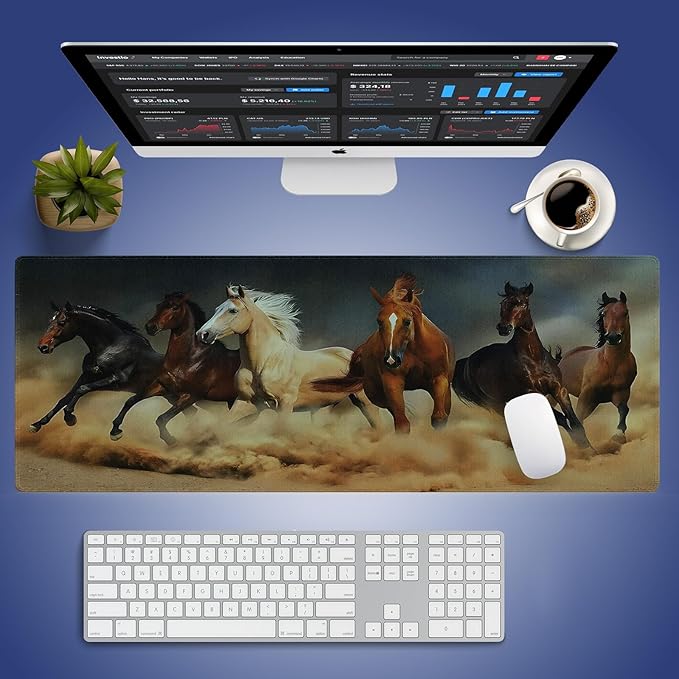 Wknoon. Extra Large Gaming Mouse Pad (31.5" x 11.8") with Durable Stitched Edges – Galloping Horses in The Sand Magnificent Scene, Running Animals Equine Themed Extended XXL Desk Mat