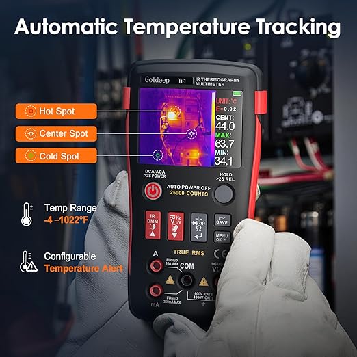 Goldeep 2 in 1 Thermal Imaging Camera, 240 x 240 TISR Resolution, 96x96 IR Resolution with 25000 Counts Multimeter, Professional Digital Multimeter with IR Camera, -4℉-1022℉ Temperature Range (Black)