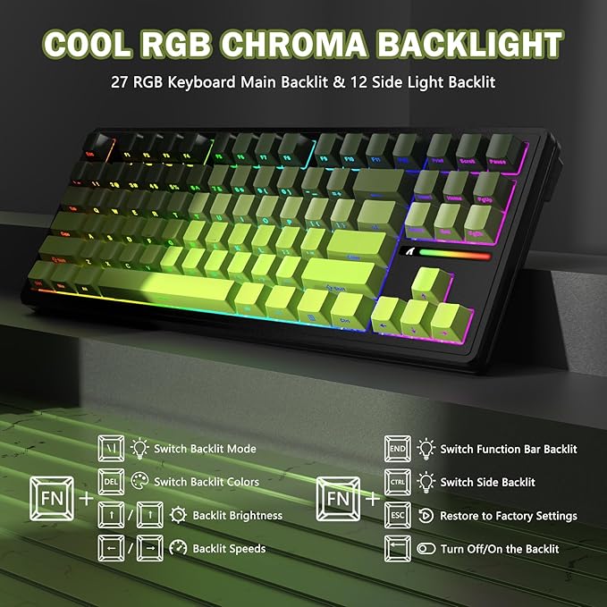 FELICON Attack Shark M87 PRO Wireless Mechanical Gaming Keyboard – 87-Key Tri-Mode (Bluetooth 5.0/2.4Ghz/USB-C), Hot-Swappable Linear Switch, RGB Backlit, 5000mAh Battery – Matcha Green