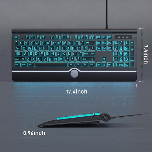 Large Print Backlit Computer Keyboard, 7-Color Backlit Keyboard with Wrist Rest, USB Plug-and-Play, Oversize Letters Keys Easy to See and Type, Wired Light Up Keyboards for Laptop, PC, Gaming