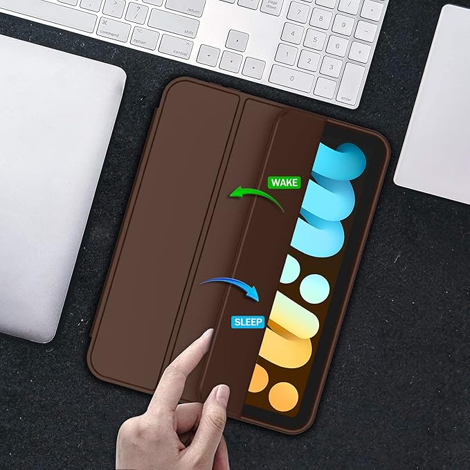 iMieet iPad mini 7 Case 2024 (A17 Pro), iPad mini 6 Case (8.3-Inch,2021 Model), iPad mini 7th/6th Generation Case with Pencil Holder, Trifold Stand Smart Case with Soft TPU Back,Chocolate