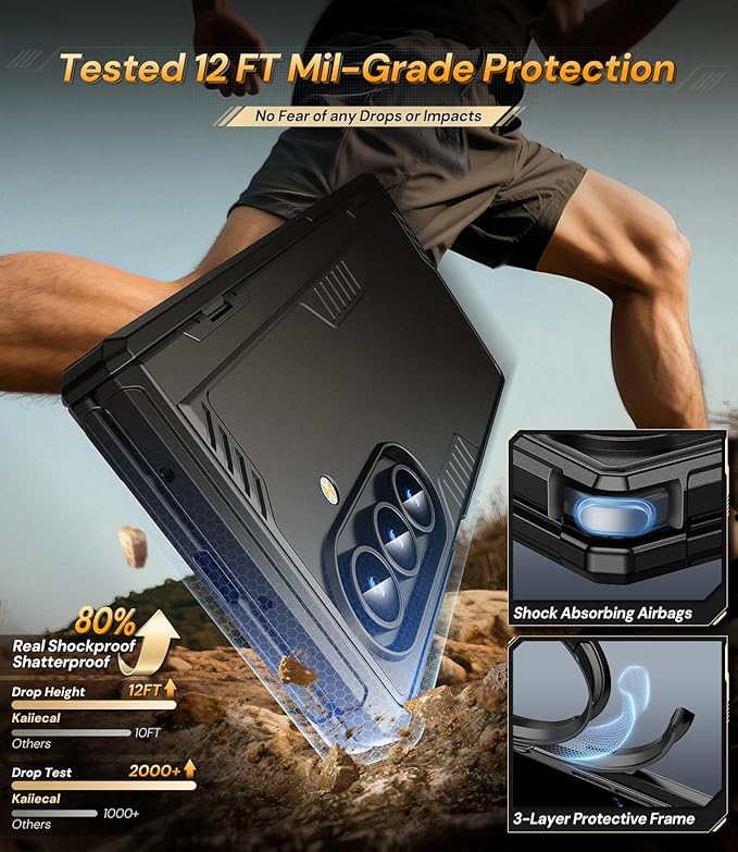 Kaiiecal for Samsung Galaxy Z-Fold-7 Case: Shockproof Rugged [Dual-Stand][Hinge Protection][Anti-Fingerprint] Durable Silicone Armor Protective Cover for ZFold 7 5G 2025 (Black)