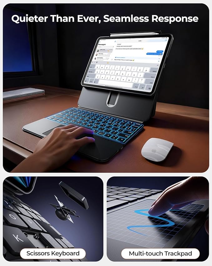 Clear Magnetic Keyboard Case for iPad A16 11th Gen 11" 2025/ 10th Gen 10.9" 2022, 7-Color Backlit & Multi-Touch Trackpad, Detachable 360 Rotation & Up-Down Lift Protective Case w/Stand, Black