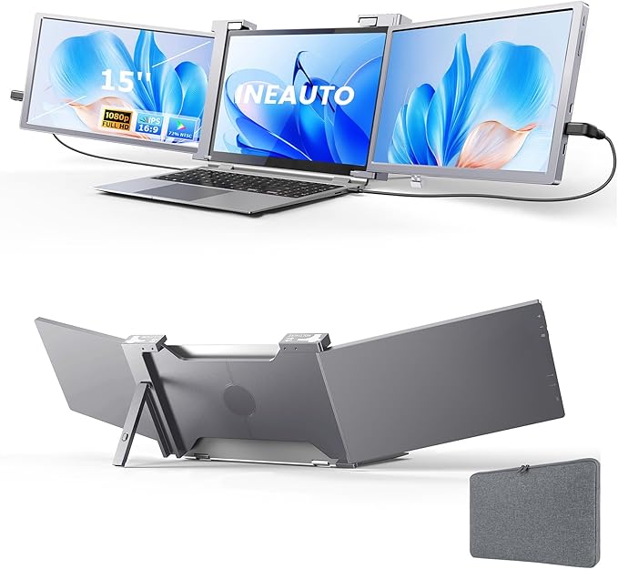 15'' Laptop Screen Extender, 1080P FHD Ultra-Thin Portable Monitor for 15"-17" Laptop with USB-C/HDMI Port, Plug and Play, for Mac/Windows/Android, Triple Screen Ideal for Remote Work & Multitasking