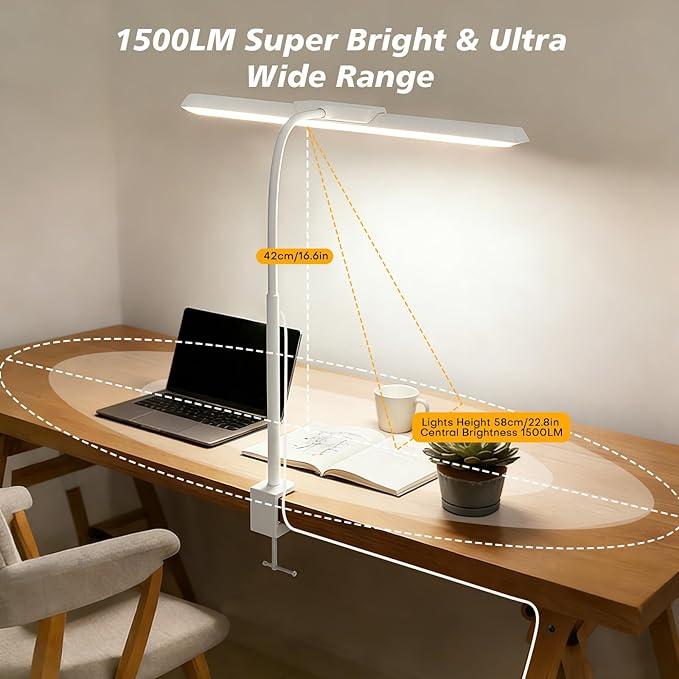 LED Desk Lamp for Office Home, Stepless Dimming Architect Desk Light with DC Adapter, Eye-Caring Desk Lamp with Clamp, 25 Lighting Modes Adjustable 12.8in Flexible Gooseneck for Workbench(White)