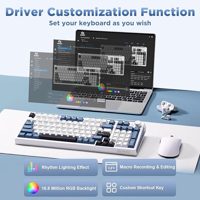 K98 Wireless Mechanical Keyboard,Tri-Mode BT5.0/2.4GHz/USB-C Hot Swappable Custom Keyboard,Gasket Structure,RGB Backlit Gaming Keyboard for Win & Mac(White&Blue,Milk-V2 Switch)