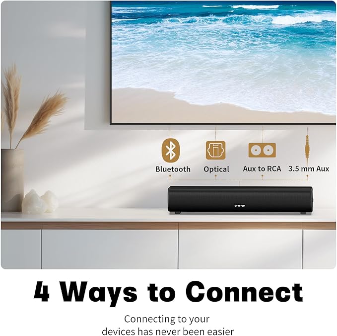 Rythflo Sound Bar for Smart TV, 16'/60W Soundbar with Impactful Bass, Dynamic Light and Remote Control, Wall Mountable TV Speakers with Bluetooth/Optical/3.5MM AUX for Gaming/PC/Projector