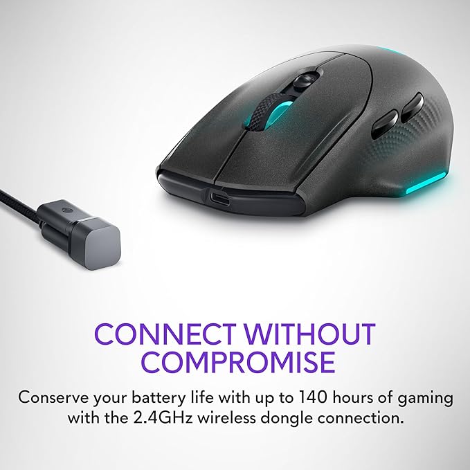 Alienware Wireless Gaming Mouse AW620M - Wireless/Wired, 1 x USB - 4 pin USB Type A, 26000 dpi, 3.52oz (99g) Weight, 7 Buttons, Non-Slip Grip, up to 140 Hours of Gaming - Dark Side of The Moon