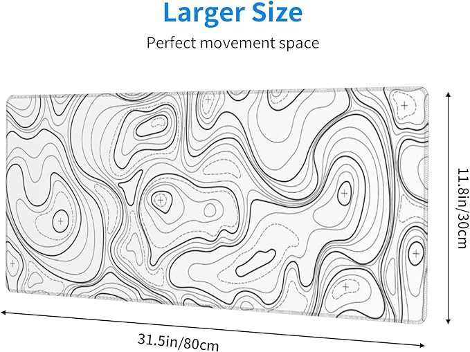 White Topographic Contour XL Gaming Mouse Pad Extended Long Large Mousepad with Stitched Edges Laptop Desk Pad Computer Keyboard PC Mouse Mat Nonslip Rubber Base for Company Office Gamer
