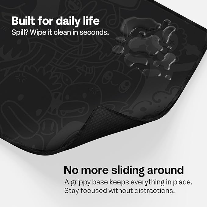 Pixio Mouse Pads - 36 x 16 inch XXL Monster Doodle Black Multifunctional Large Desk Mats for Gaming, Office, Desktop Anti-Slip Waterproof Washable Computer Mouse Mat