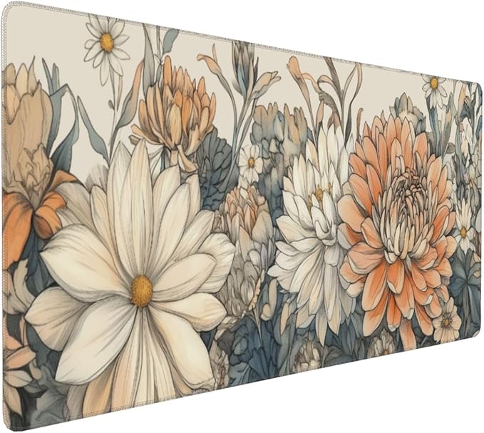 Japanese Minimalist Floral Desk Mat Vintage Botanical Flower Mouse Pad Beautiful Flowers Desk Pad 35.4”x15.7” Cute Floral Gaming Mouse Pad with Non-Slip Rubber Base Stitched Edge for Home Office Work